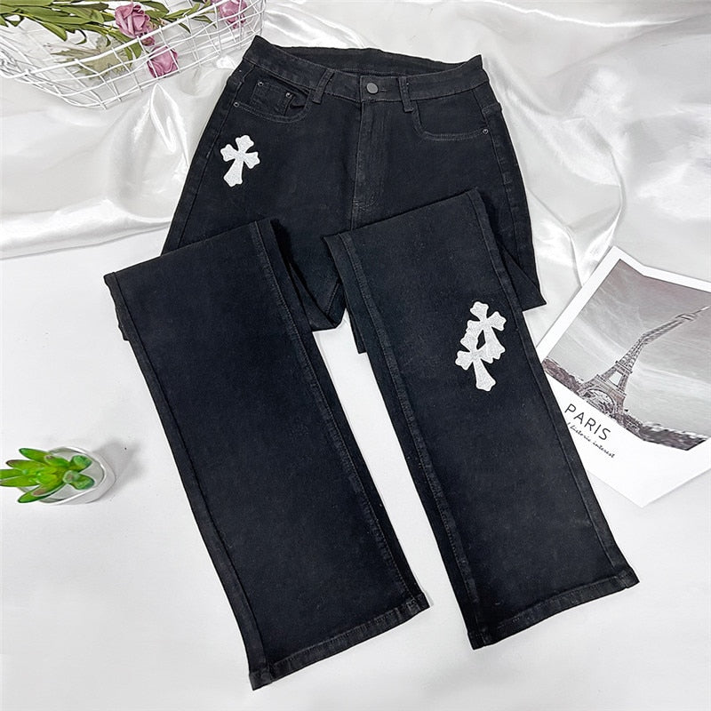 Women Low Waist Vintage Straight Denim Trousers Cyber Y2k Goth Pants Fashion Mom Jeans