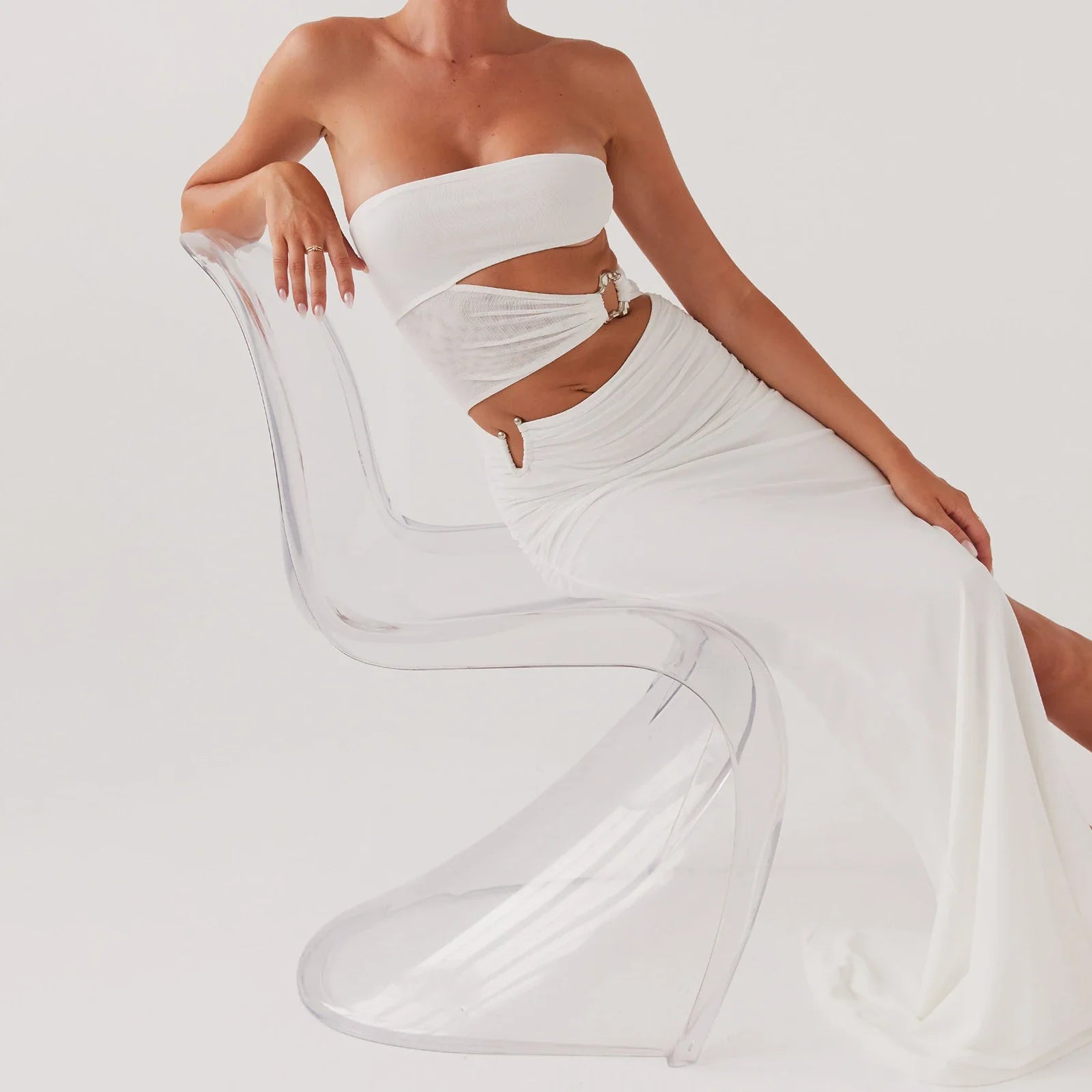 Hollow Strapless Metal Slit Midi Dress