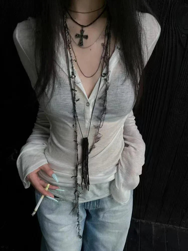 Hooded See Through Long Sleeve Sheer Top