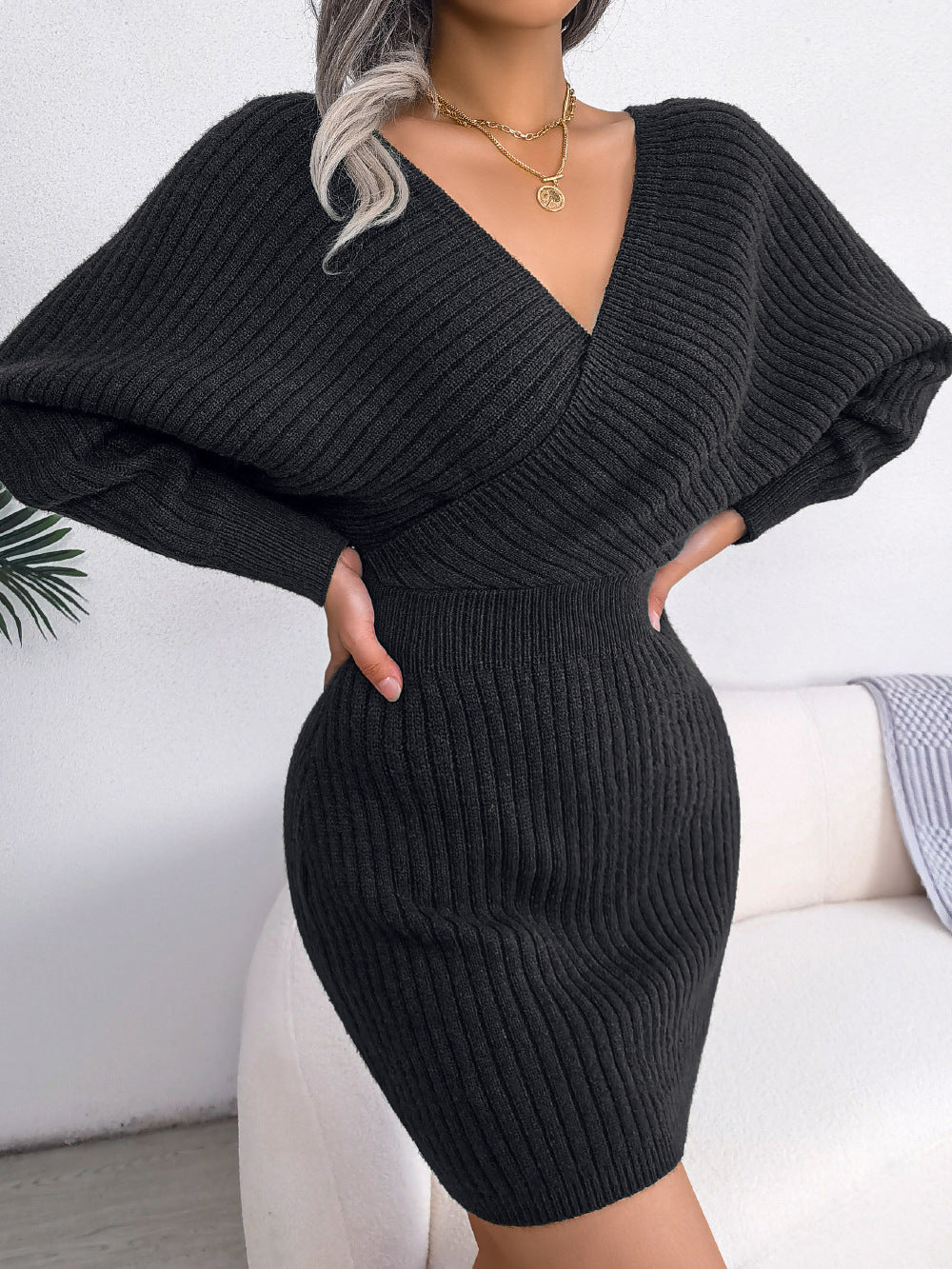 Knit Deep V-Neck Batwing Long Sleeve Bodycon Sweater Mini Dress