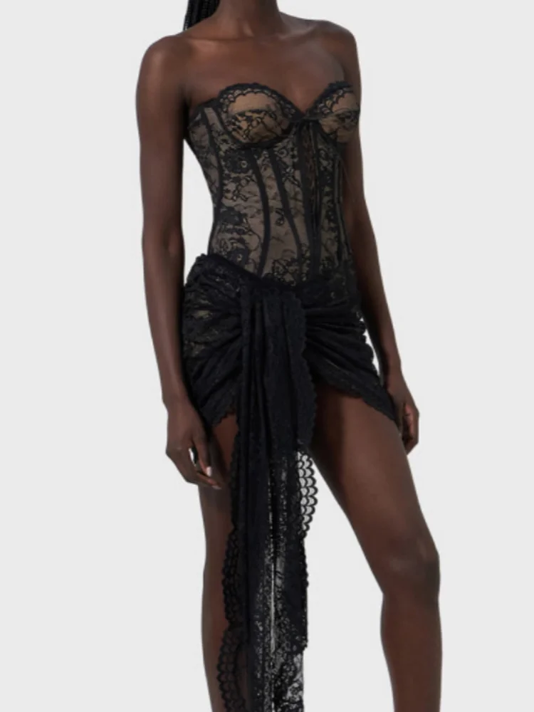 LaceUp Corset Folds Draped Mini Lace Dress