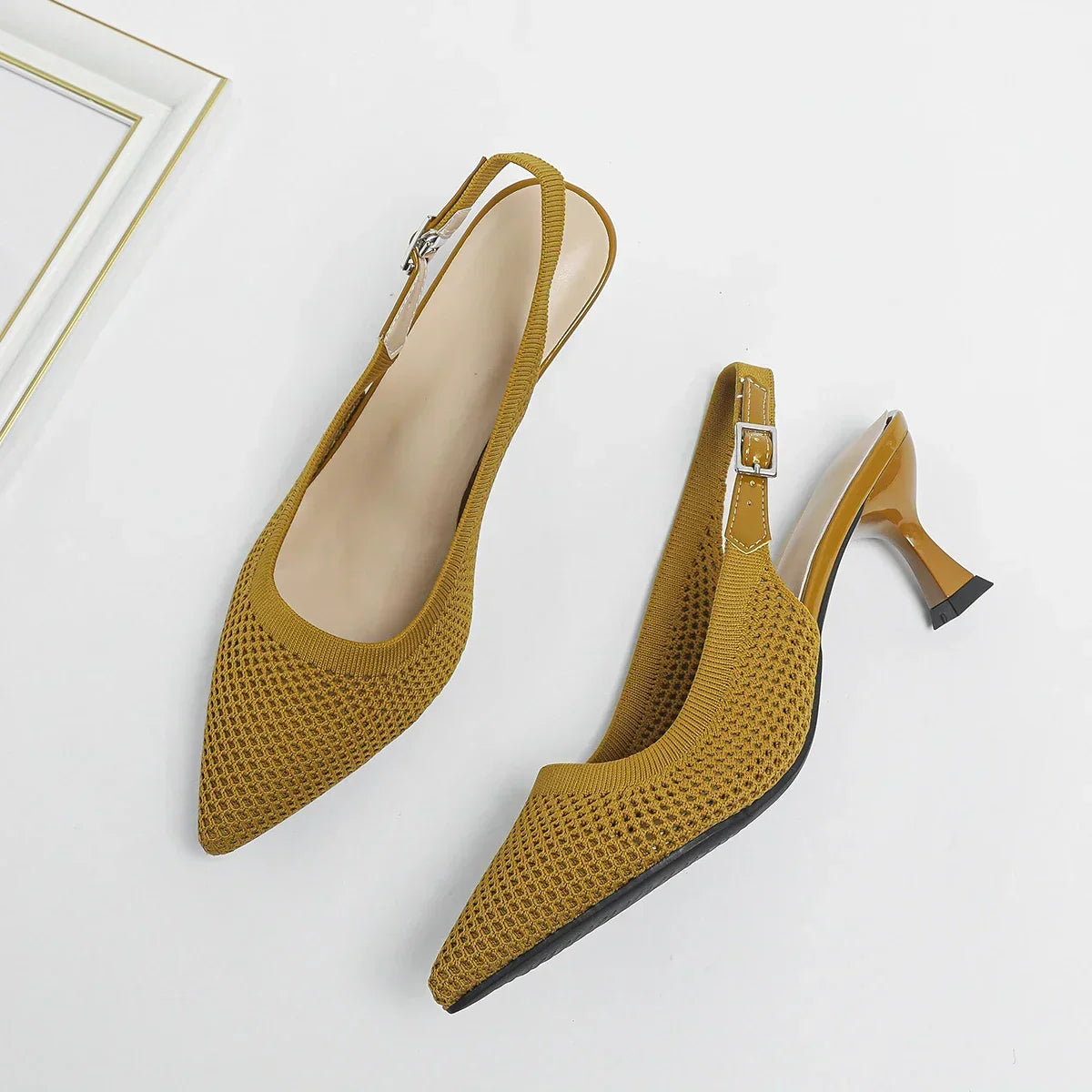 Pointed Toe Slingback Mesh Kitten Heel Pumps