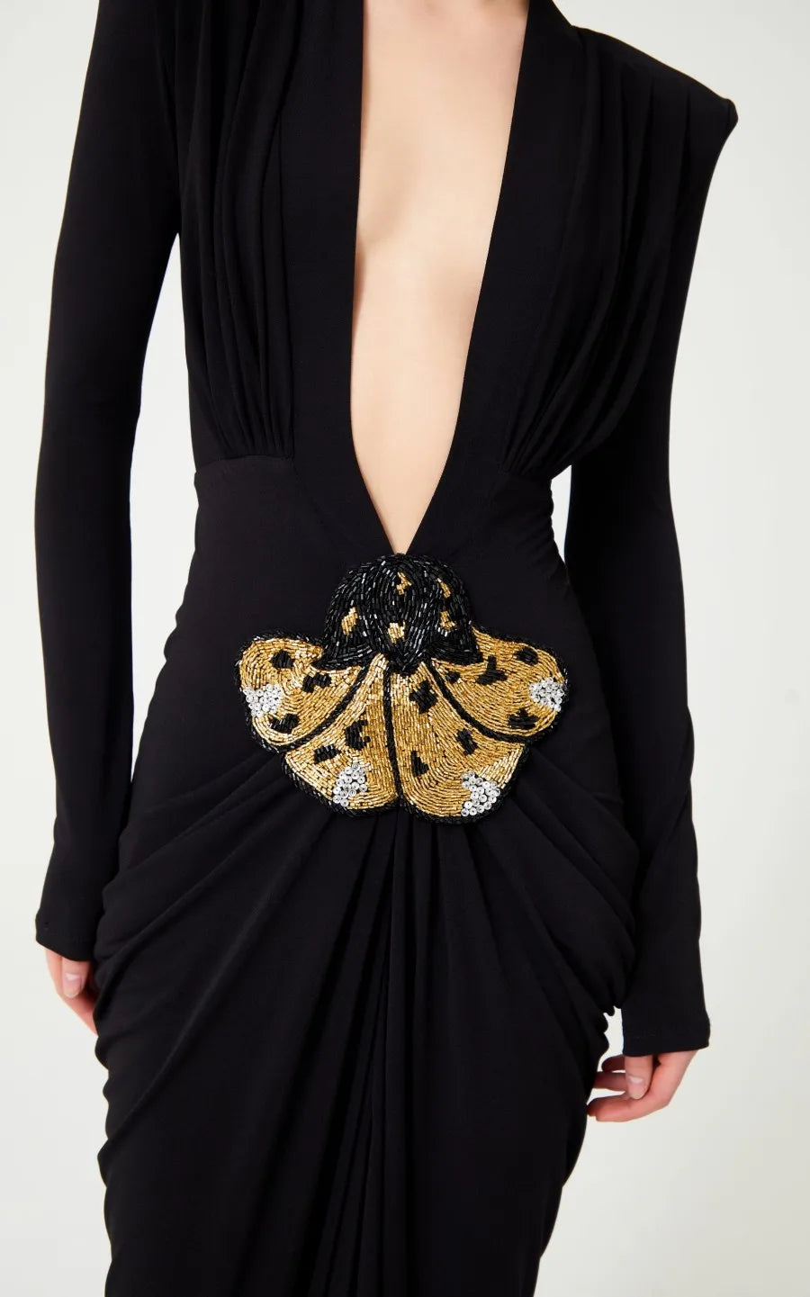 Deep V Neck Long Sleeves Black Maxi Dress Party Gown