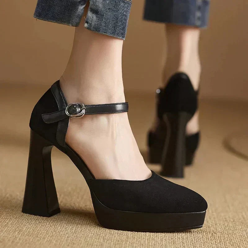 Suede Ankle Strap Platform Block Heel Pumps
