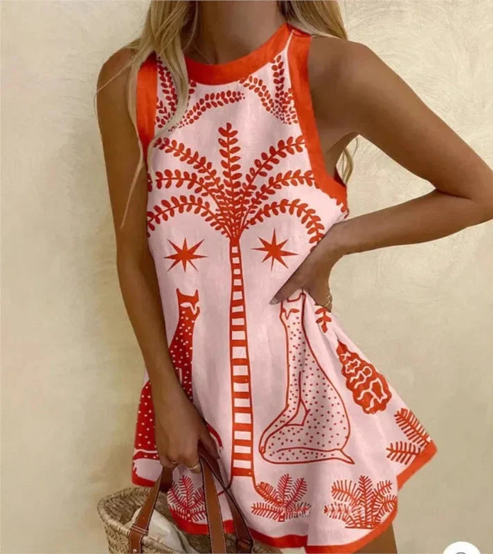 Palm Print Sleeveless A-Line Mini Dress