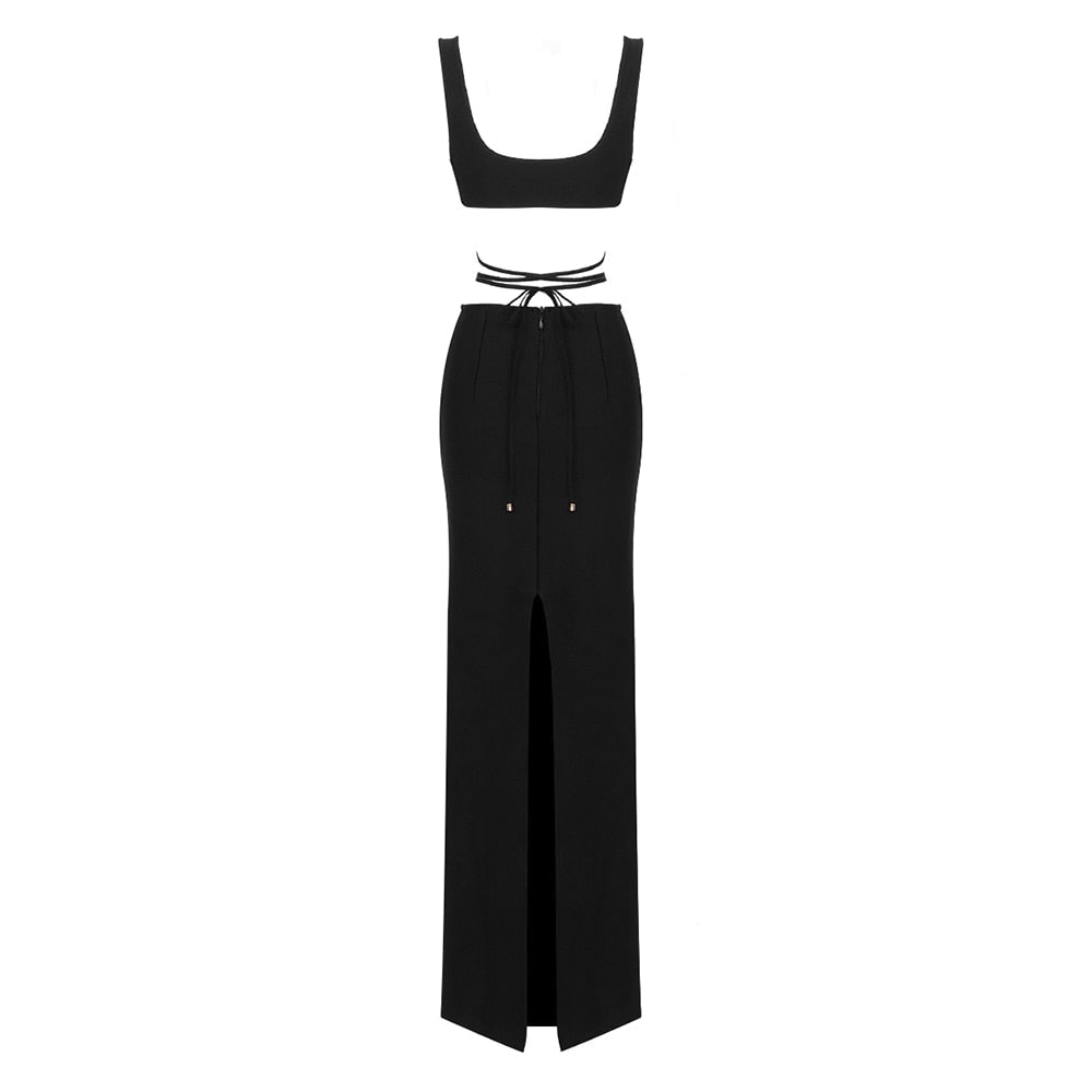 Deep V-Neck Wrap Tie Crop Top and Maxi Skirt Two Piece Set 23