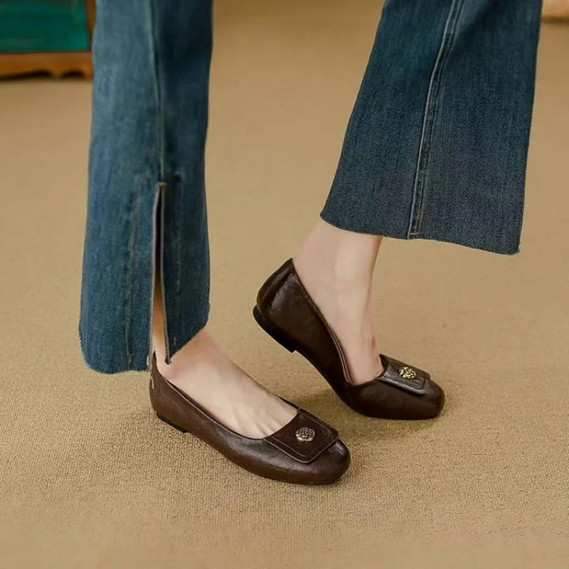 Square Toe Metal Flower Buckle Slip On Flats