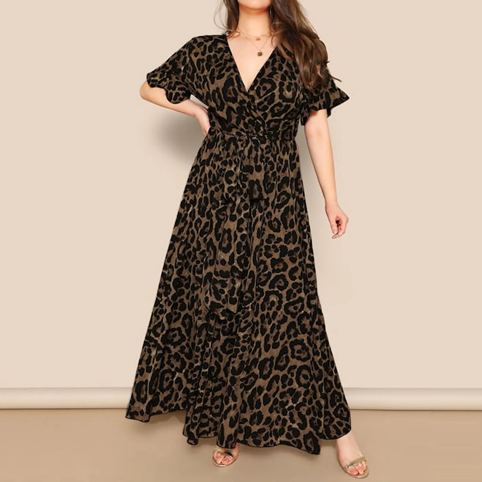 Leopard Deep V-Neck Short Sleeve Wrap A-Line Maxi Dress