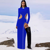 O Black Long Bodyband Sexy Beaded Women’s Cutout Gown Neck Party Celebrity Dress Blue / Xs