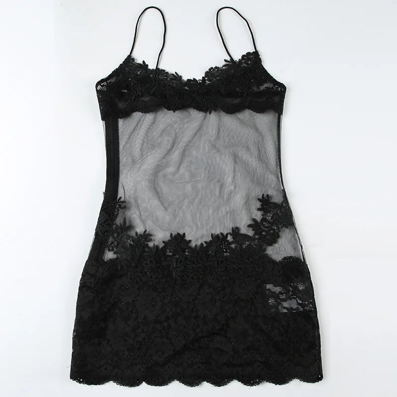 Sheer Mesh Floral Applique Halter Neck Lace Trim Mini Dress 8