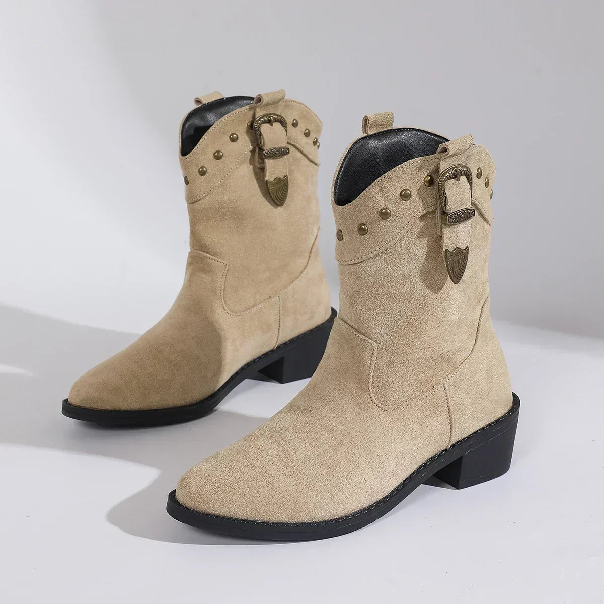 Suede Look Studded Buckle Western Block Heel Ankle Boots