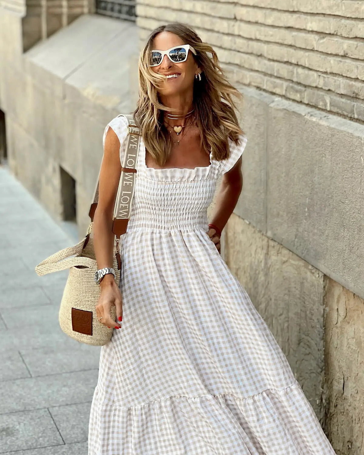 Gingham Square Neck Smocked Ruffle Strap Tiered Maxi Dress