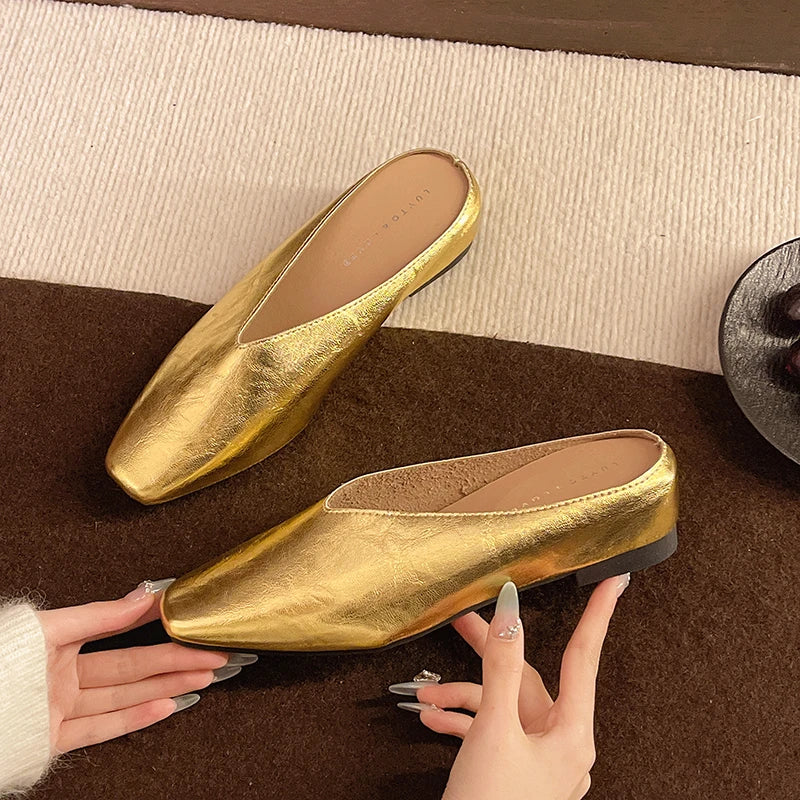 Metallic Square Toe Flat Mules
