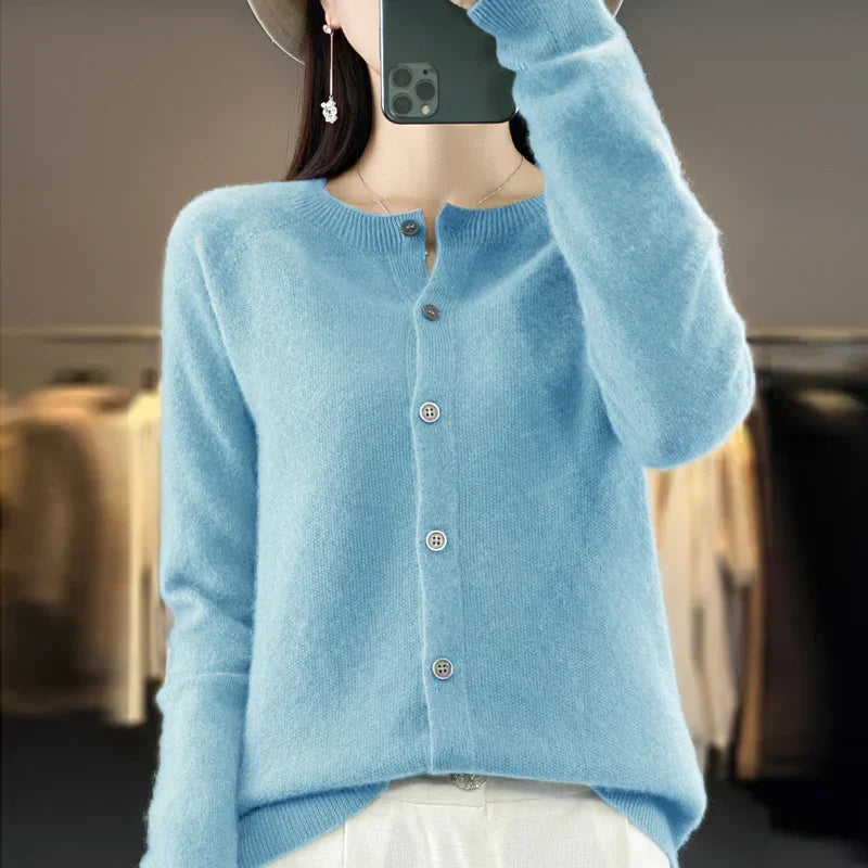 Crew Neck Button Front Long Sleeve Knit Cardigan