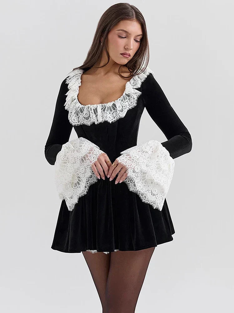 Velvet Scoop Neck Lace Ruffle Trim Flared Cuff Long Sleeve Mini Dress