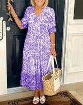 Border Floral V-Neck Short Sleeve Tiered Midi Dress 4