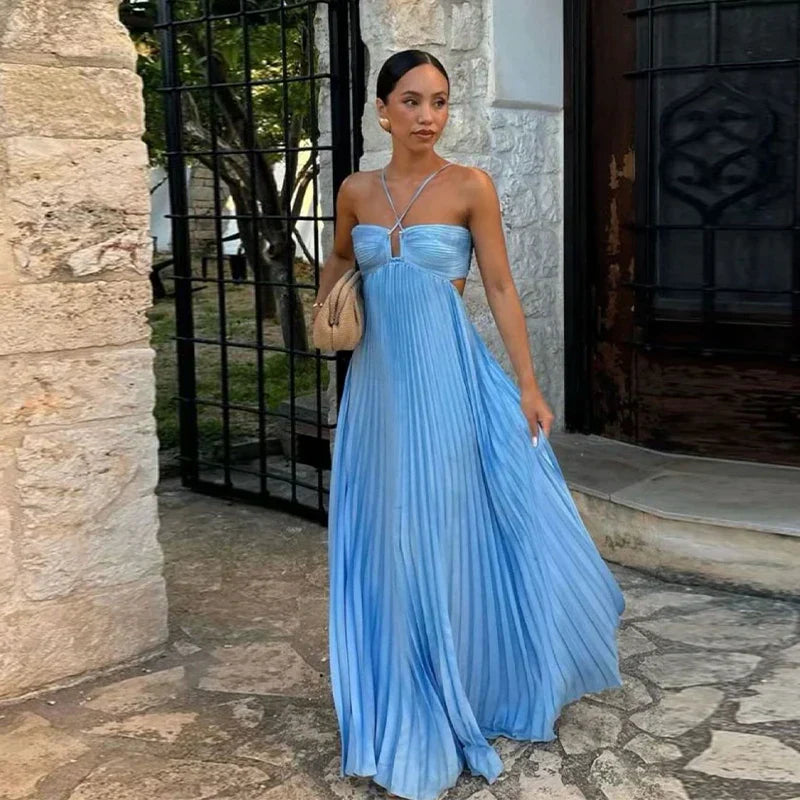 Pleated Edition Blue Halter Maxi Dress