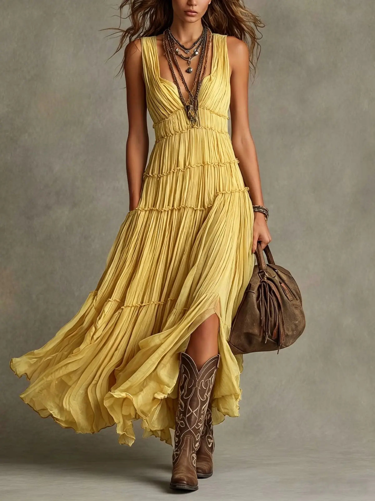 Pleated V-Neck Sleeveless High Split Tiered Maxi Dress