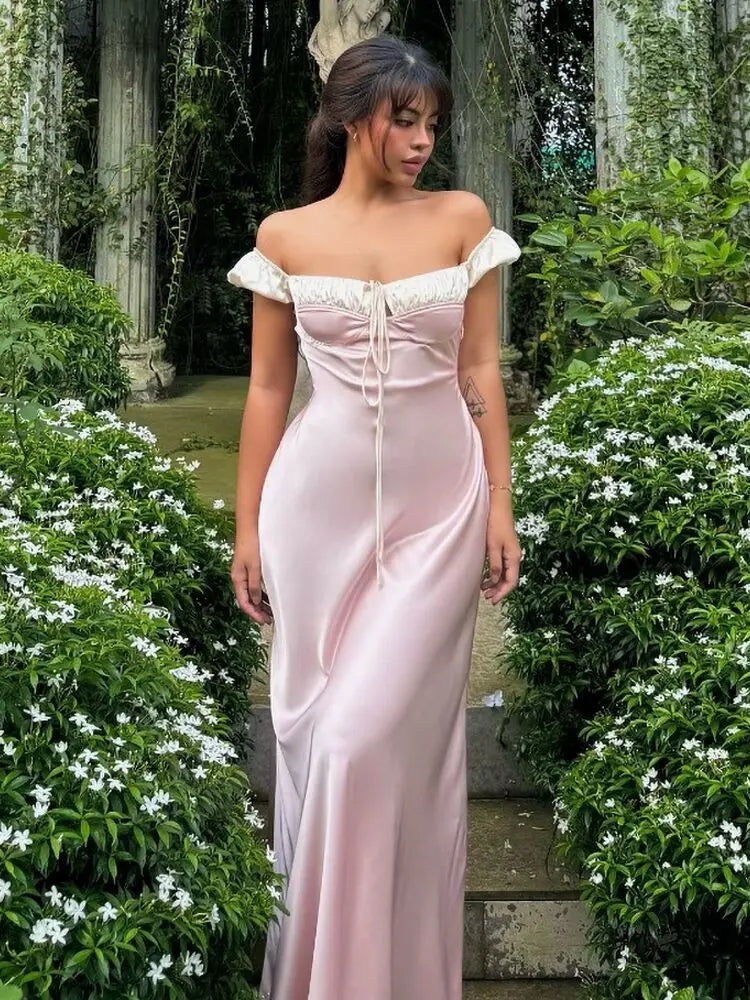 Satin Off Shoulder Lace Up Front Contrast Trim Maxi Dress 4