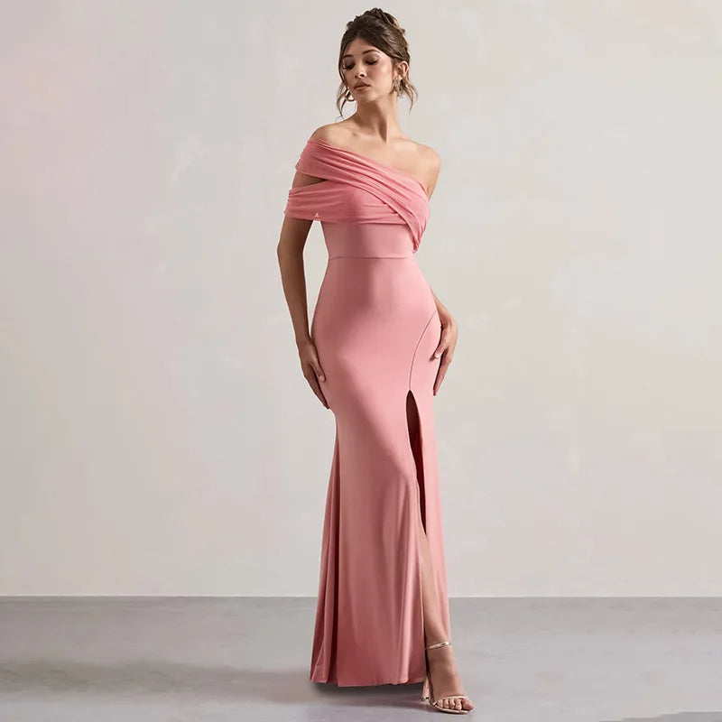 Off Shoulder Ruched Mesh Bodice High Split Mermaid Maxi Dress 4