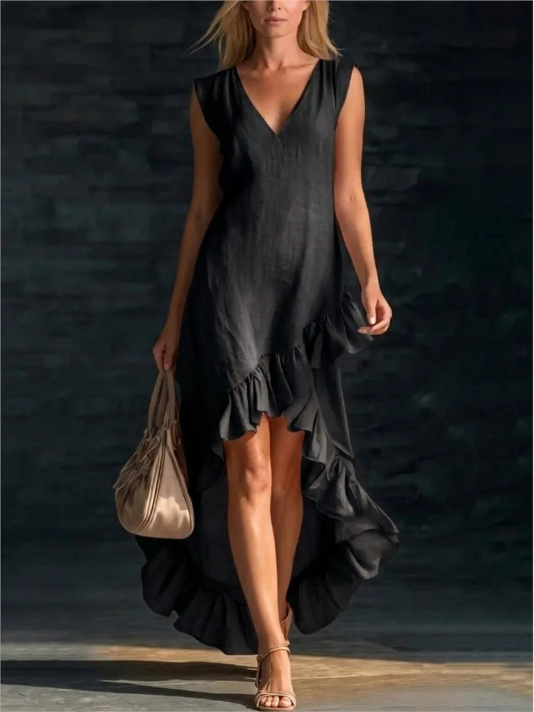 V-Neck Sleeveless Ruffle Hem High Low Maxi Dress