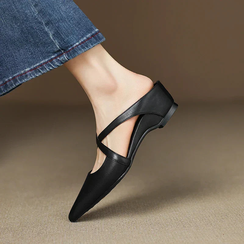 Pointed Toe Cross Strap Flat Mules