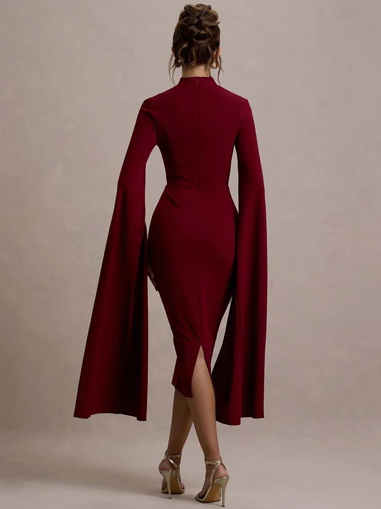 Cape Long Sleeve Back Slit Midi Dress