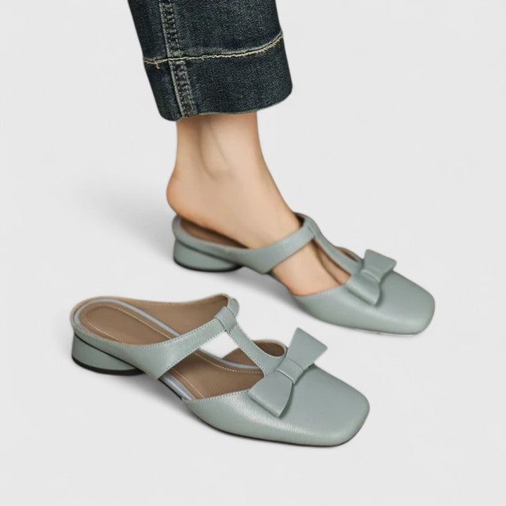Square Toe Bow T-Strap Low Block Heel Mules