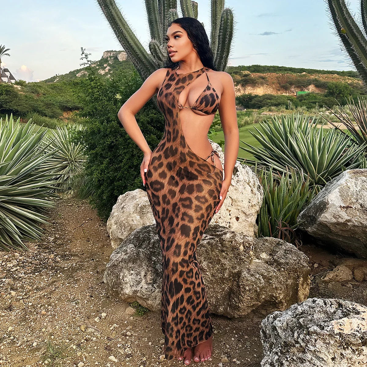 Cutout Leopard Bodycon Sexy Three Piece Swim Sets