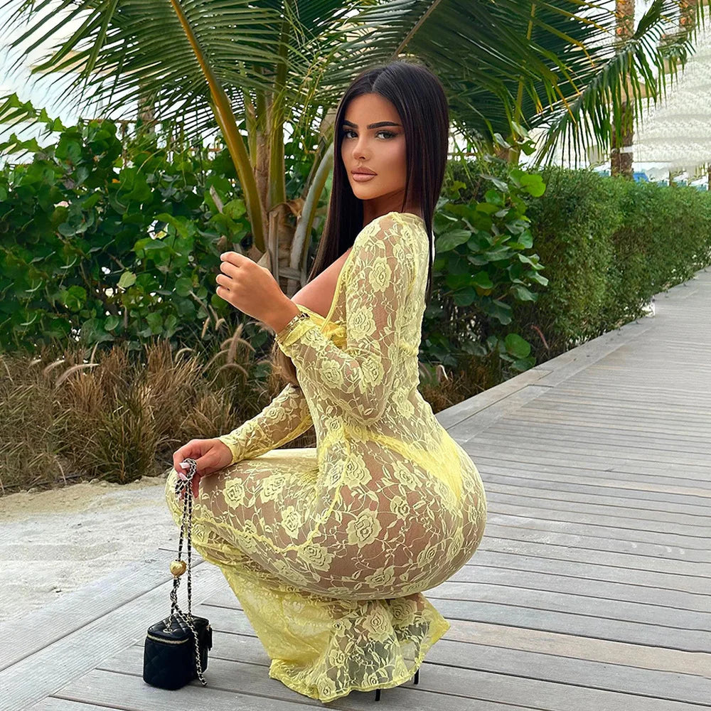 Sheer Floral Lace Long Sleeve Cut Out Twist Bust Bodycon Maxi Dress 13