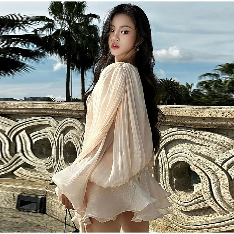 Pleated Chiffon Tie Neck Lantern Sleeve Sash Waist Ruffle Mini Dress 19