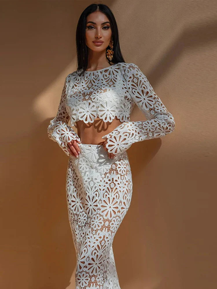 Crochet See Through Flare Sleeve Long Two Piece Skirt Set