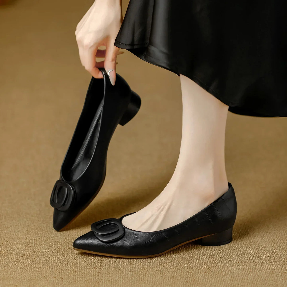 Pointed Toe Buckle Low Block Heel Pumps