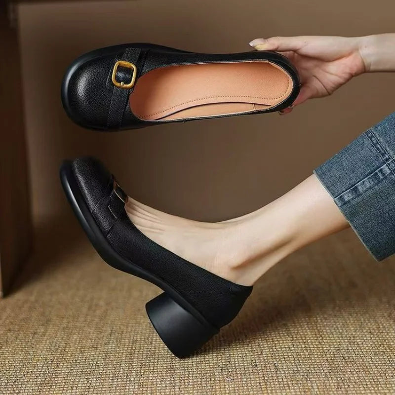 Leather Look Buckle Detail Slip On Block Heel Pumps