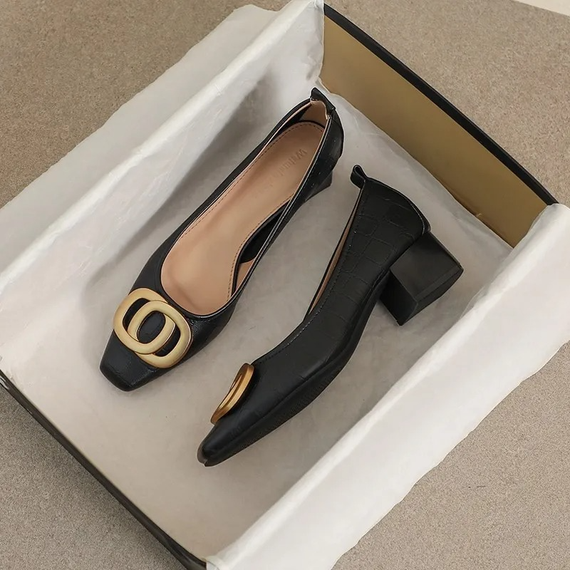 Square Toe Buckle Croc Texture Block Heel Pumps