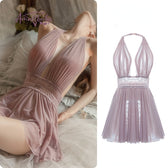 Mesh Halter Deep V-Neck Lace Trim Mini Dress 21