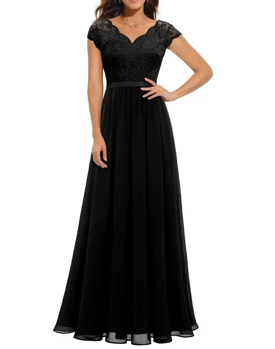Lace V-Neck Chiffon A-Line Maxi Dress 5