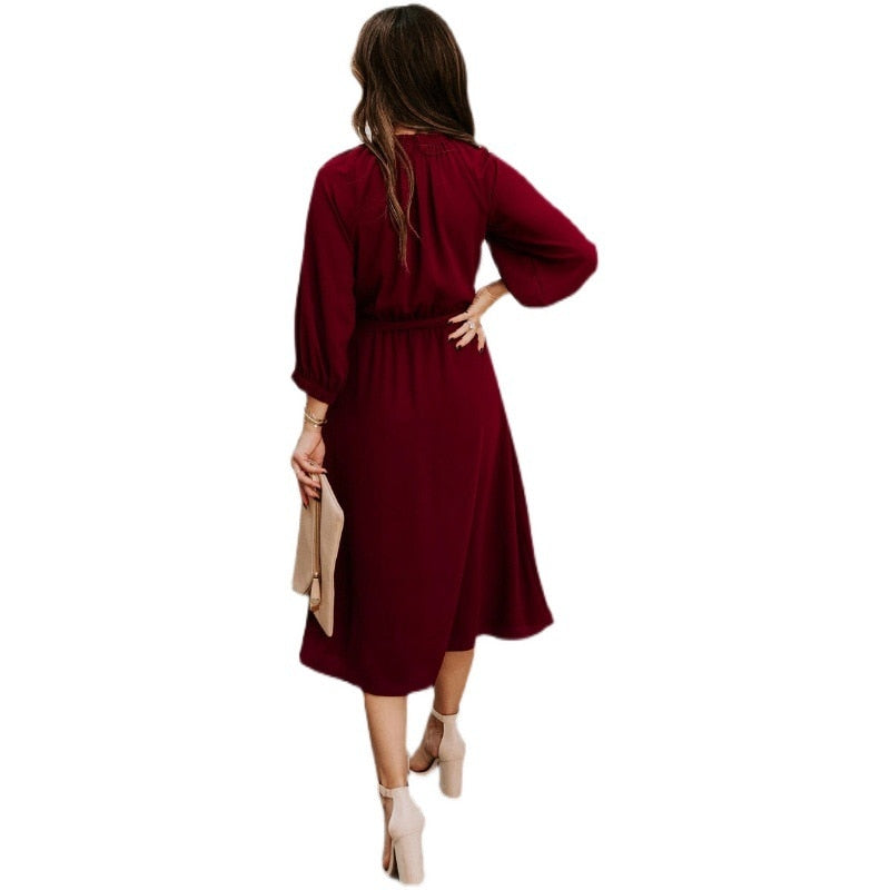 Mock Neck Long Sleeve Belted A-Line Midi Dress