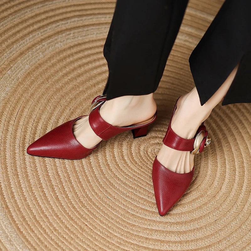 Pointed Toe Floral Buckle Spool Heel Mules
