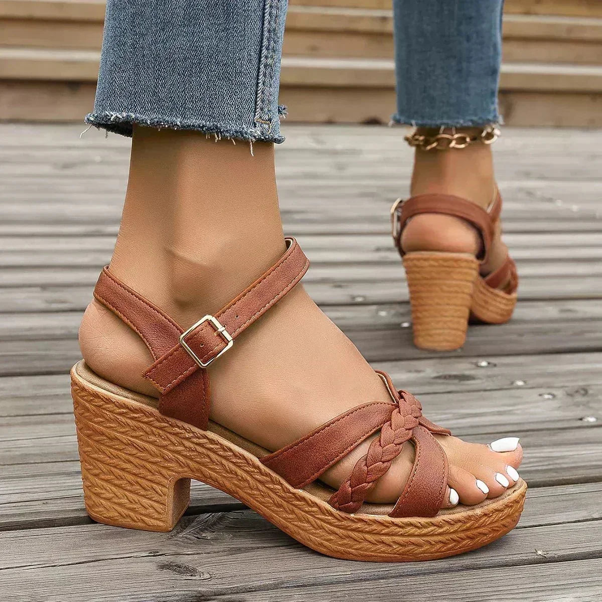 Open Toe Braided Strap Ankle Strap Block Heel Sandals