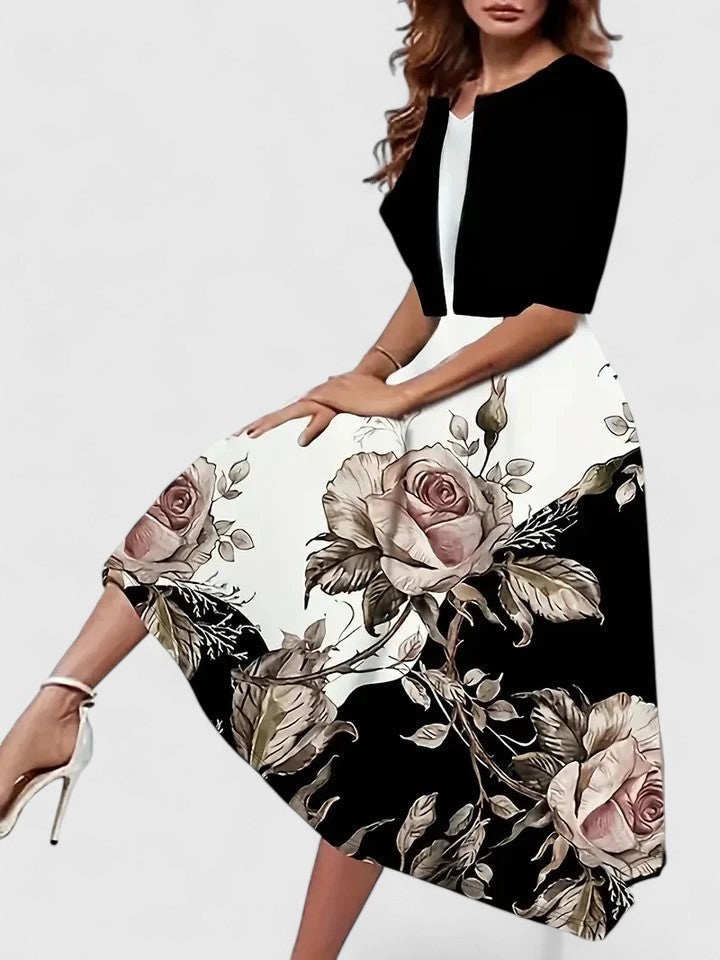 V-Neck Floral Print Fit and Flare Midi Dress