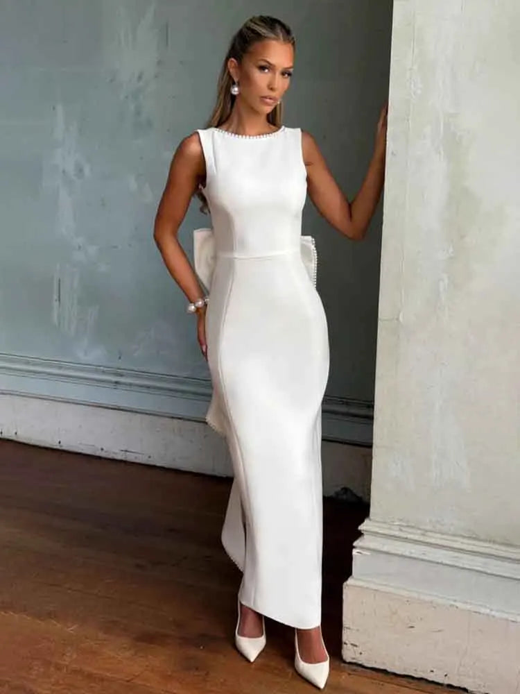 Pearl Trim Strapless Bow Back Fit and Flare Mini Dress