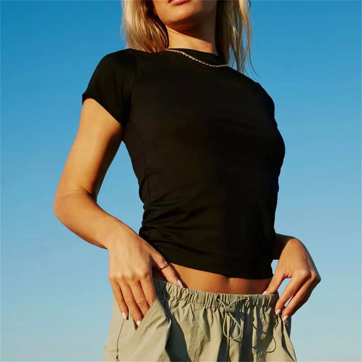 Solid Casual Slim Crop Tshirt