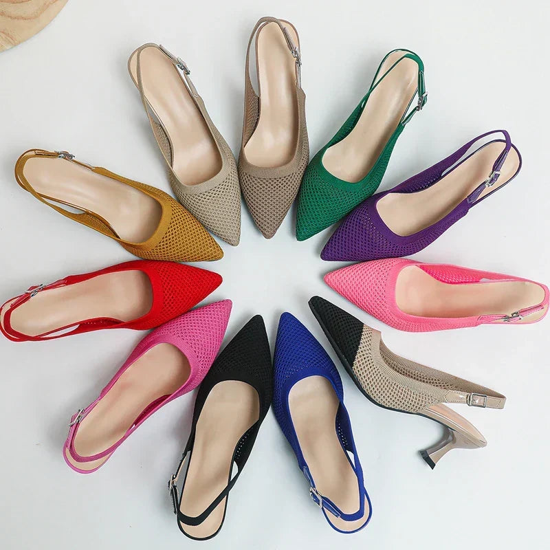 Pointed Toe Slingback Mesh Kitten Heel Pumps
