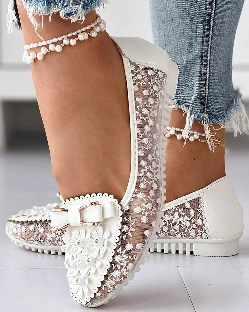 Floral Applique Bow Mesh Slip On Loafer Flats