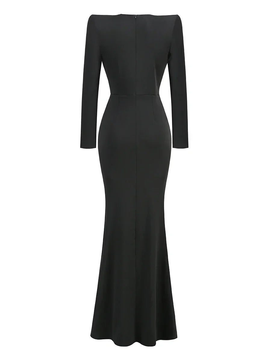 Deep V Neck Black Rhinestone Floor Long Dress