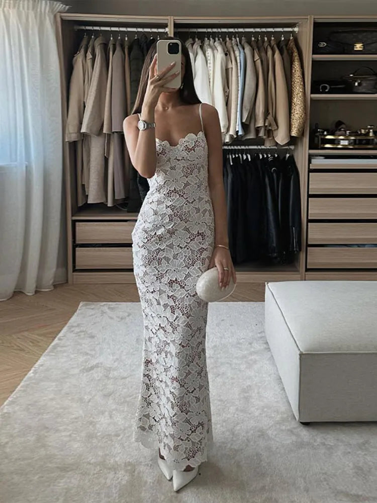 Sexy Solid Lace Hollow Out Women Sling Dress Graceful Backless Bandage Bodycon Maxi Dress Summer Lady Party Evening Robes
