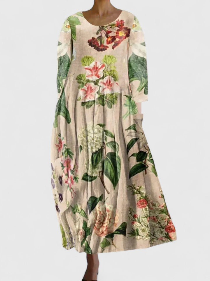 Floral Round Neck Pleated Pocket Maxi Dress