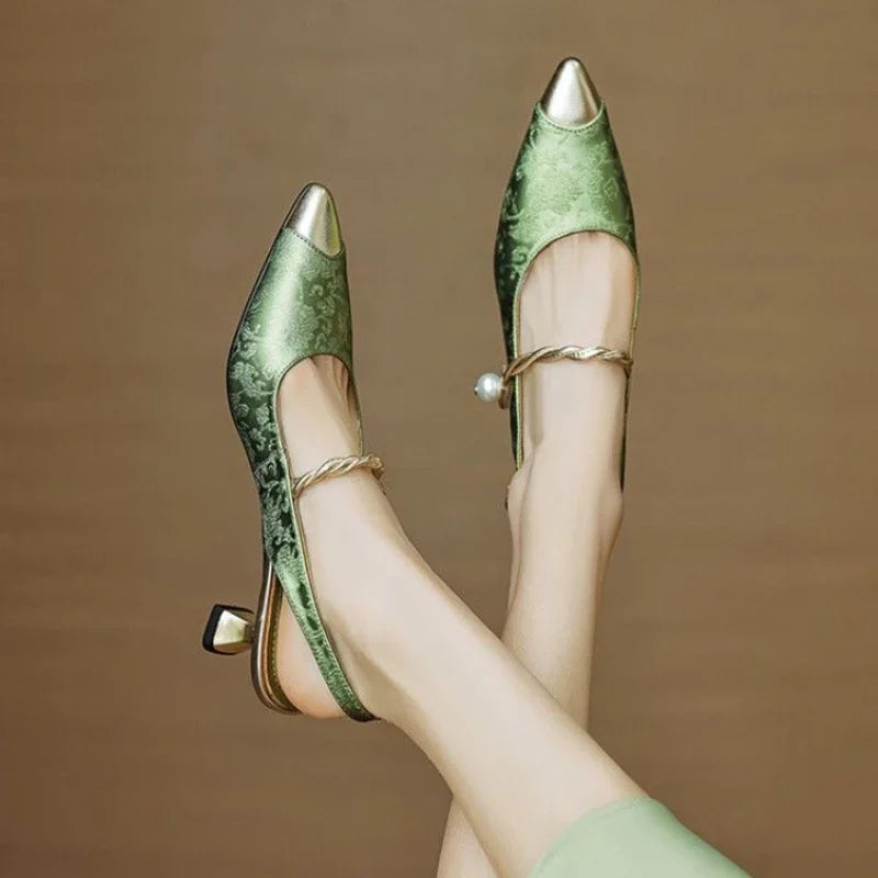 Jacquard Pointed Cap Toe Pearl Slingback Pumps
