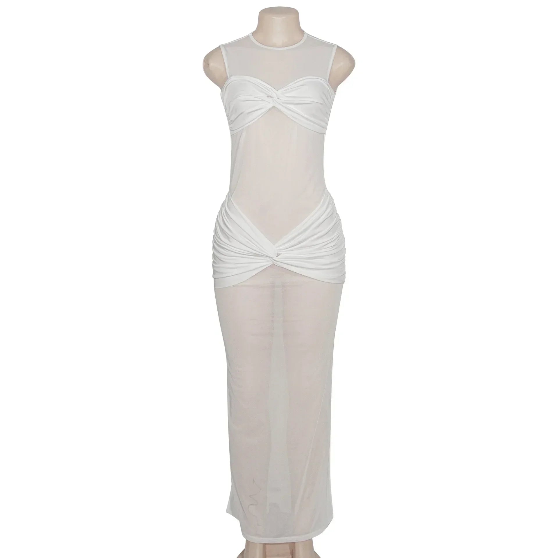 White See - Through Pleated Mesh Long Dress
